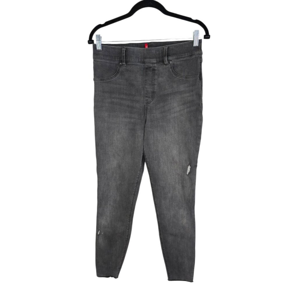 Spanx Womens Gray Distressed Skinny Jeans Pull On High Rise Raw‎ Hem Stretch L